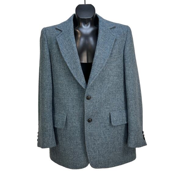 Vintage Harris Tweed Blue Wool Blazer Single Breasted 2 Button Sport Coat